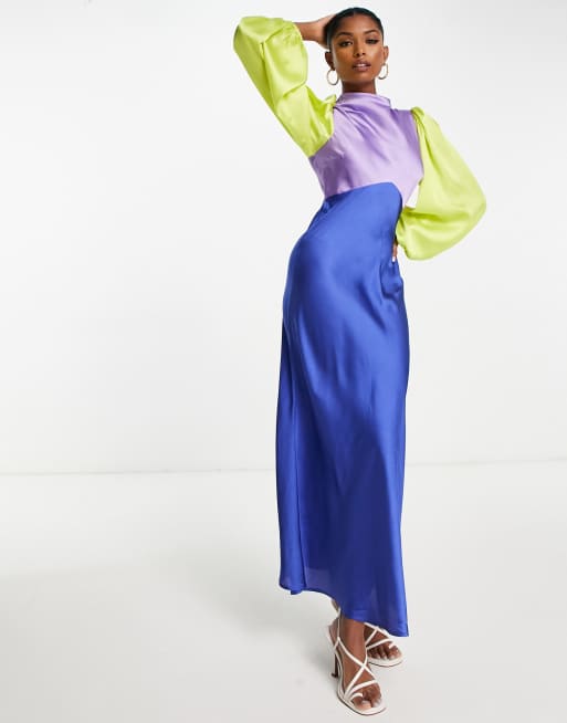 ASOS DESIGN high neck maxi satin tea dress in colourblock