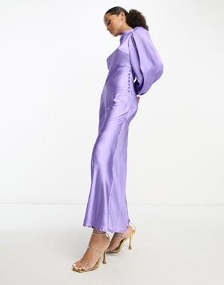 ASOS DESIGN high neck maxi satin tea dress in dark purple