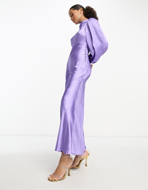 ASOS DESIGN high neck maxi satin tea dress in dark purple