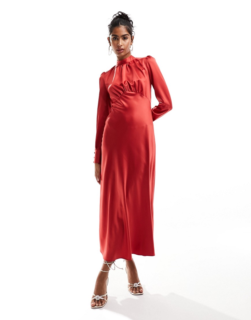 ASOS DESIGN high neck maxi satin tea dress in dark red