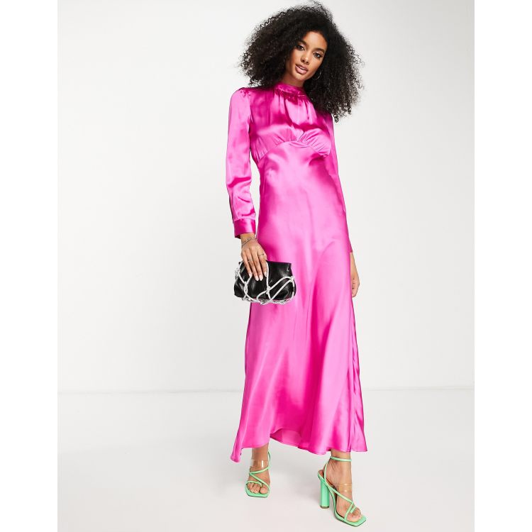 ASOS DESIGN high neck maxi satin tea dress in hot pink | ASOS