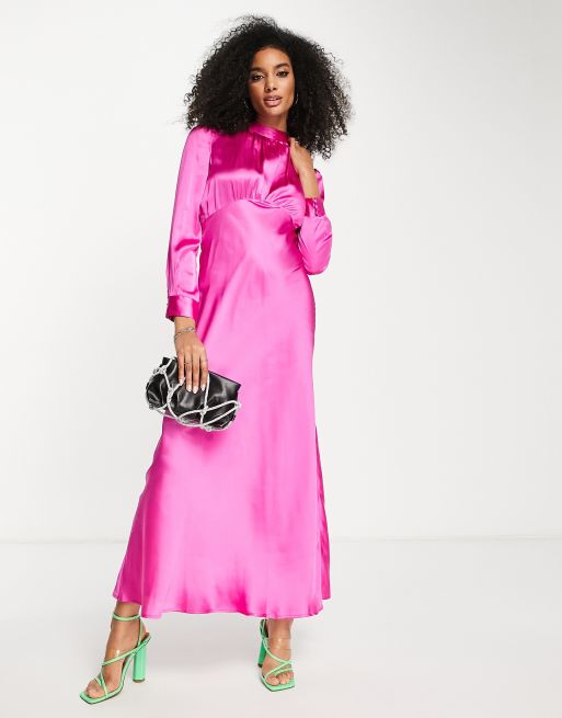 ASOS DESIGN high neck maxi satin tea dress in hot pink | ASOS