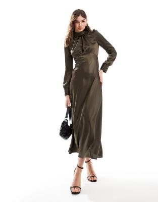 Asos Design High Neck Maxi Satin Tea Dress In Khaki-green