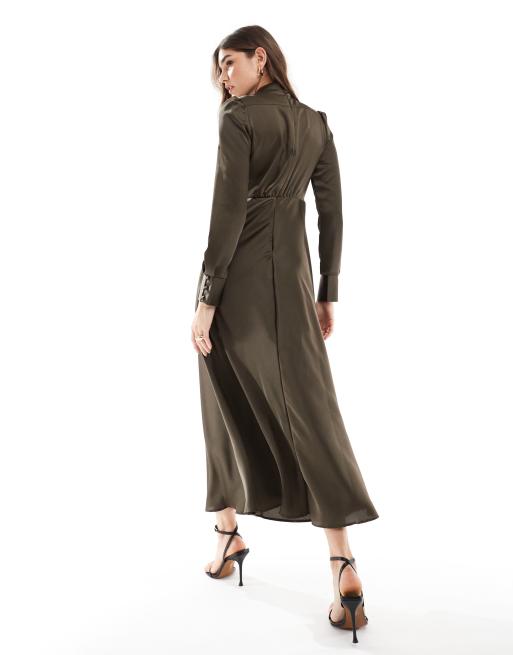 ASOS DESIGN high neck maxi satin tea dress in khaki ASOS
