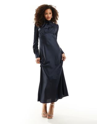 Asos Design High Neck Maxi Satin Tea Dress In Navy In Navy