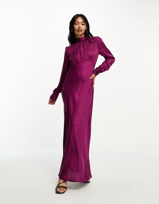 Asos Design High Neck Maxi Satin Tea Dress In Purple