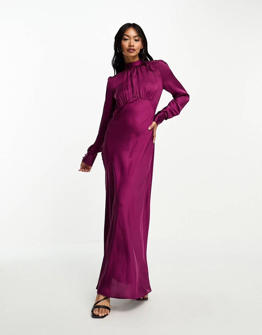 ASOS DESIGN high neck maxi satin tea dress in purple