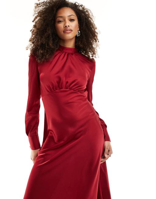 ASOS DESIGN high neck maxi satin tea dress in red