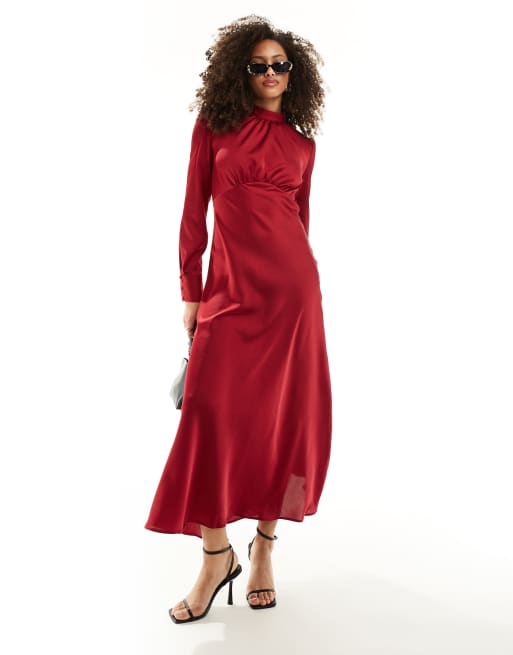 ASOS DESIGN high neck maxi satin tea dress in red