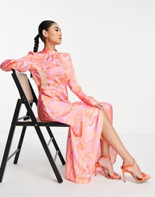 ASOS DESIGN high neck maxi satin tea dress in swirl print  - ASOS Price Checker