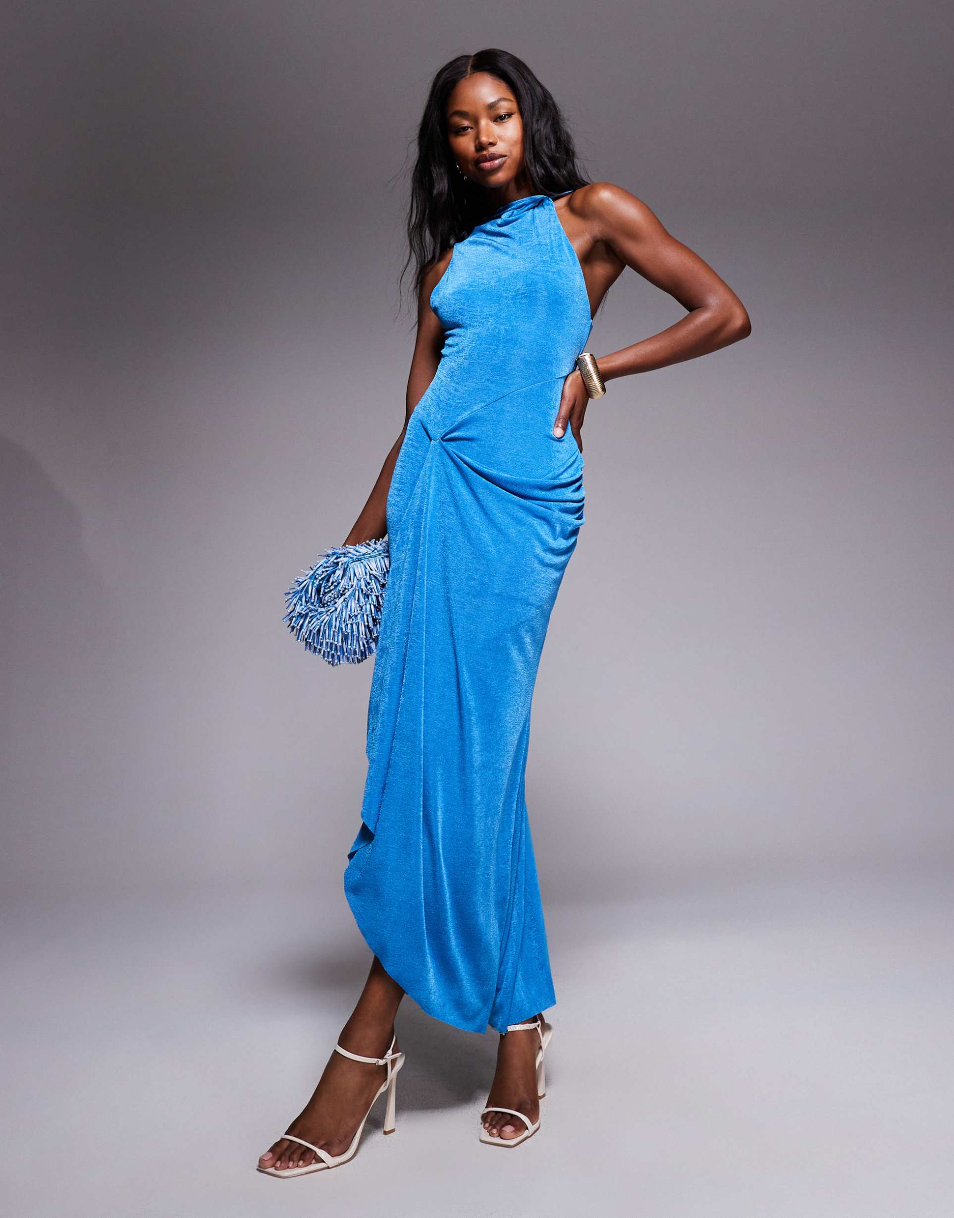 asos design high neck maxi slinky dress with drape in blue