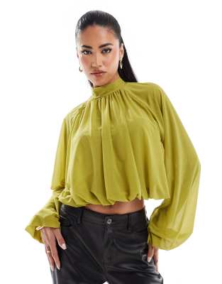 Asos Design High Neck Mesh Blouse With Volume Sleeve In Chartreuse-green