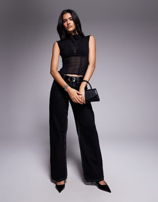 ASOS DESIGN high neck mesh corset top with boning in black
