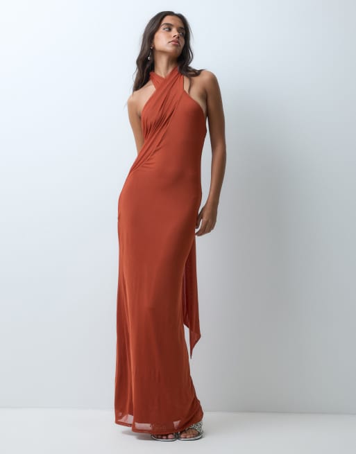 ASOS DESIGN high neck mesh draped sash maxi dress in rust, 2 of 5