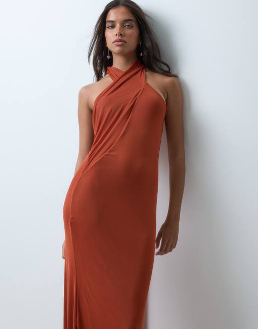 ASOS DESIGN high neck mesh draped sash maxi dress in rust, 3 of 5