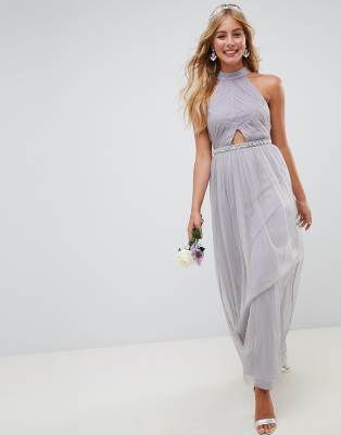 asos design maxi dress with wrap waist with horn detail in satin