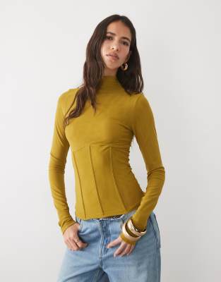 Asos Design High Neck Mesh Long Sleeve Top With Corset Waist In Brown