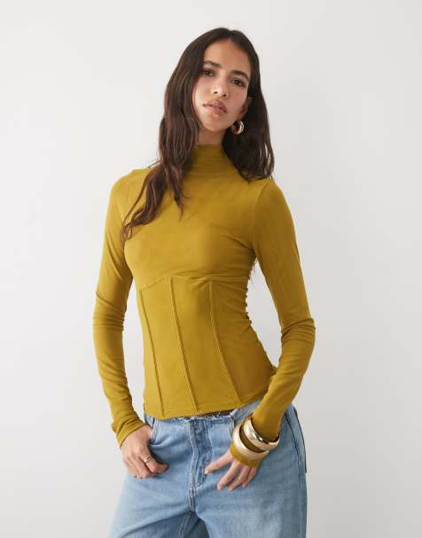 ASOS DESIGN high neck mesh long sleeve top with corset waist in ochre - view 1