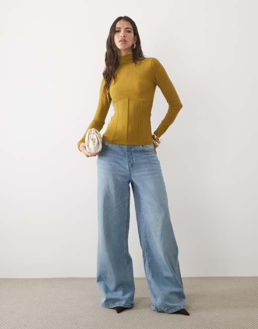 ASOS DESIGN high neck mesh long sleeve top with corset waist in ochre, 2 of 4