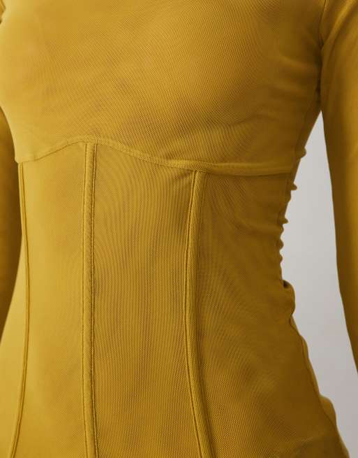 ASOS DESIGN high neck mesh long sleeve top with corset waist in ochre, 3 of 4