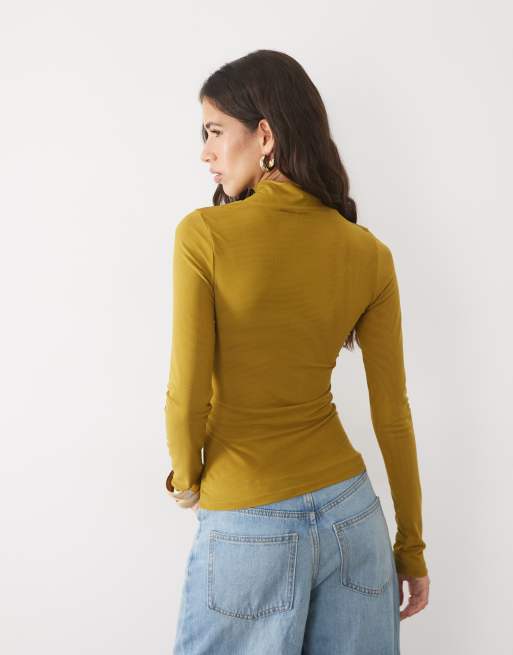 ASOS DESIGN high neck mesh long sleeve top with corset waist in ochre, 4 of 4