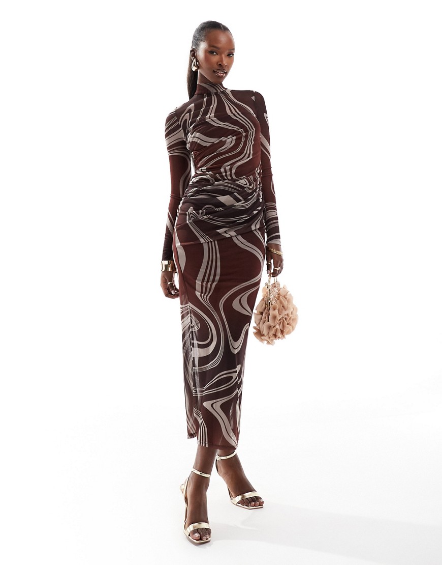 ASOS DESIGN high neck mesh midi dress in swirl stripe print-Multi
