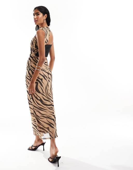 ASOS DESIGN high neck mesh midi dress with structured square neck bra  detail in zebra print