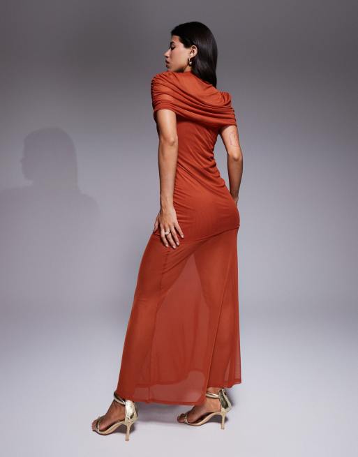 ASOS DESIGN high neck mesh overlay maxi dress with sheer skirt in rust