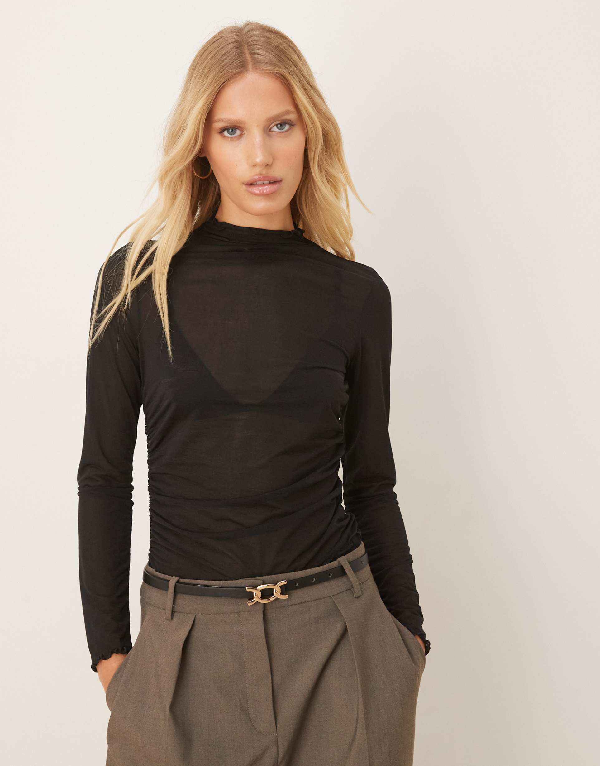 asos design high neck mesh semi sheer long sleeve top in black