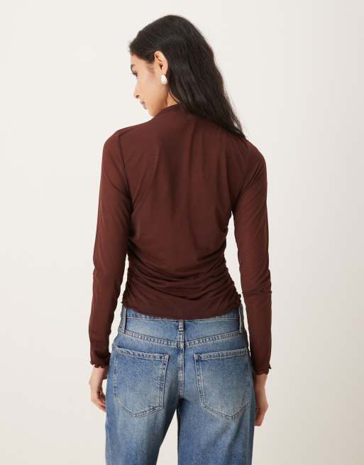 ASOS DESIGN high neck mesh semi sheer long sleeve top in chocolate, 3 of 4