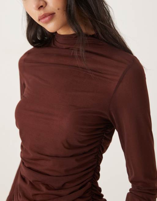 ASOS DESIGN high neck mesh semi sheer long sleeve top in chocolate, 4 of 4