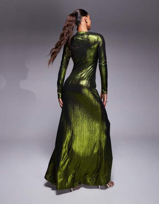 chinese dress ladies Green Metallic Sweetheart Pleated A-Line Long Prom Dresses Green / 4