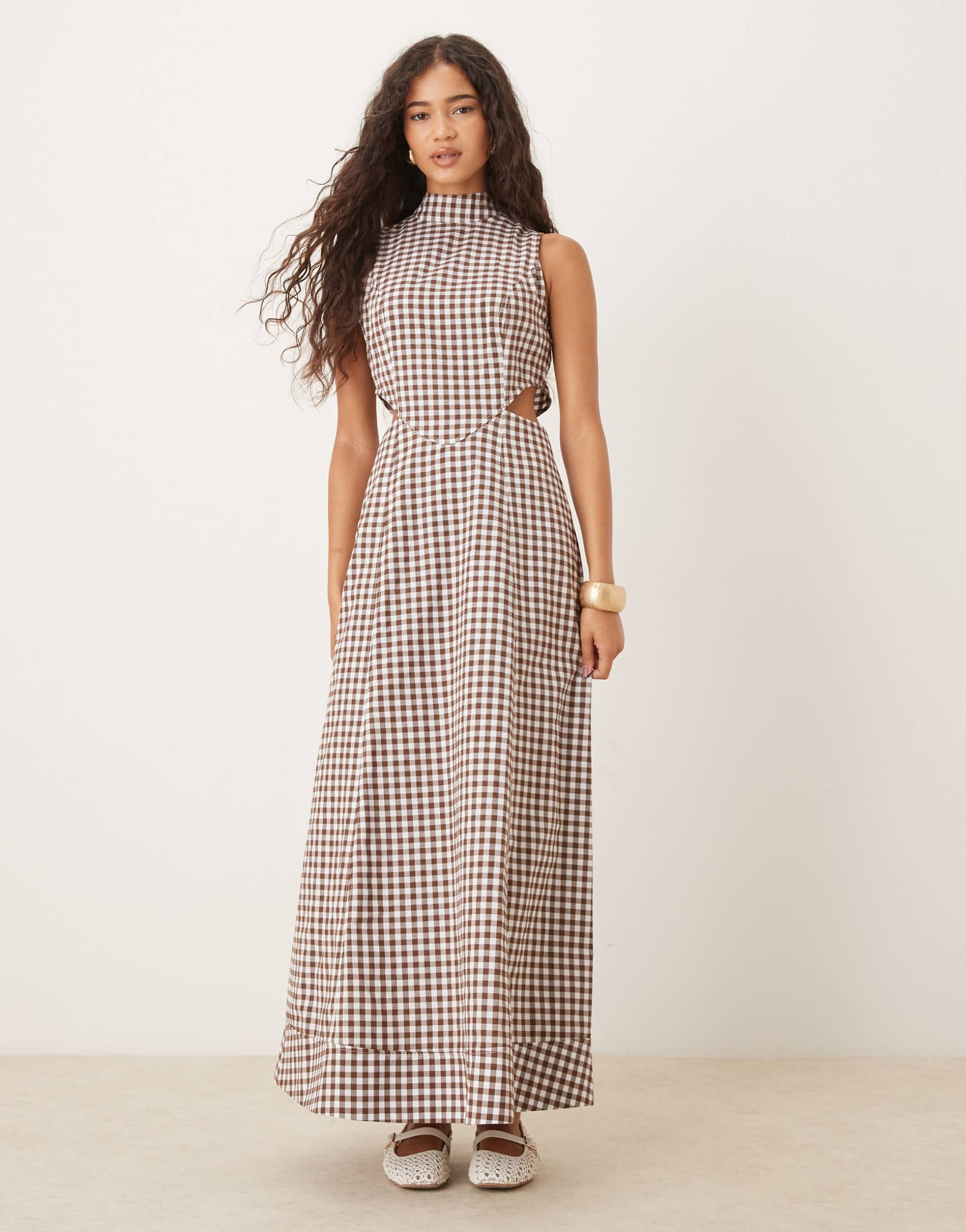 asos design high neck midaxi dress with cut-out waist in brown gingham