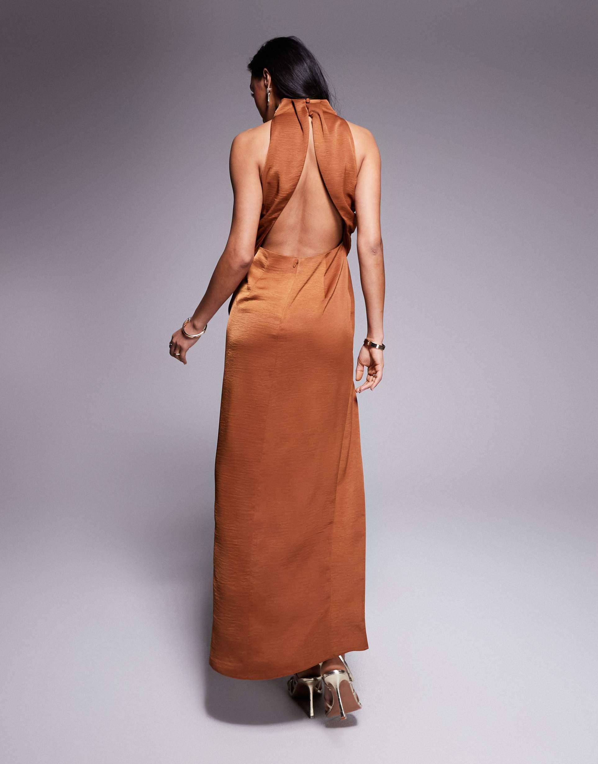 asos design high neck midaxi dress with cutout detail in rust