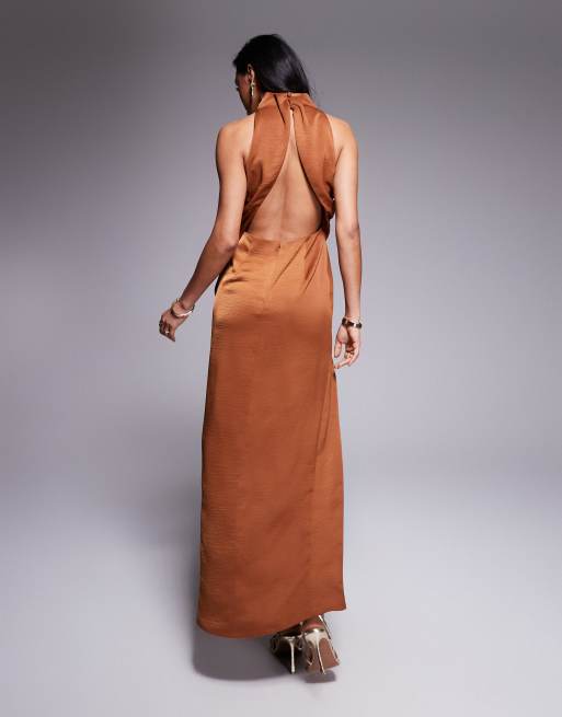 ASOS DESIGN high neck midaxi dress with cutout detail in rust, 4 of 4