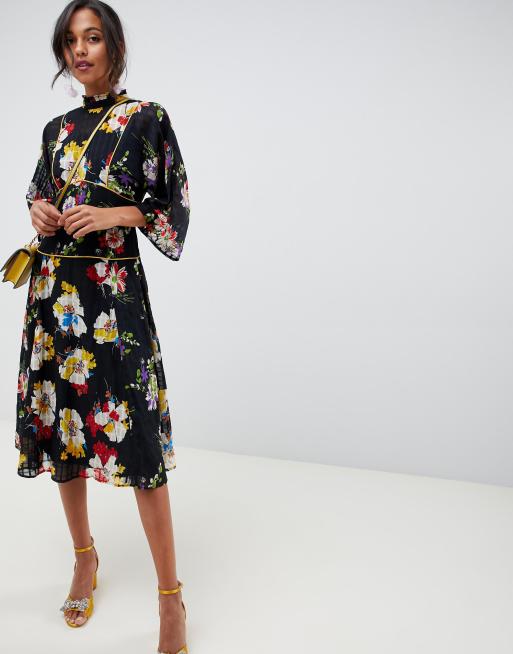 High neck 2025 floral midi dress