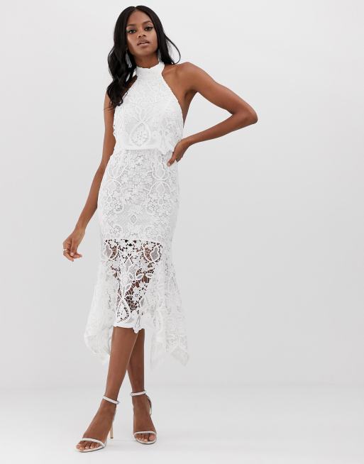 Asos Design High Neck Midi Dress In Guipure Lace And Peplum Asos