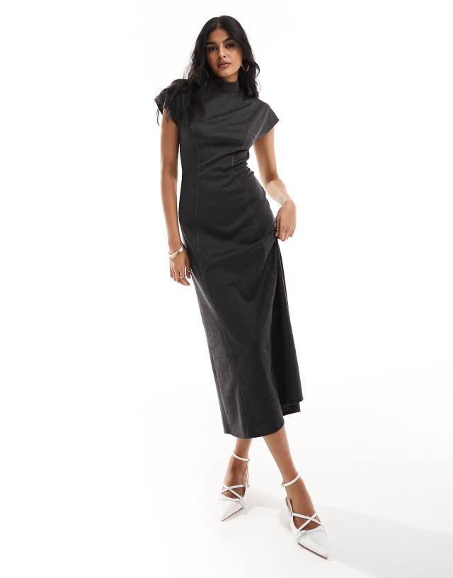 ASOS DESIGN - high neck midi dress with capped sleeve & seam detail in charcoal