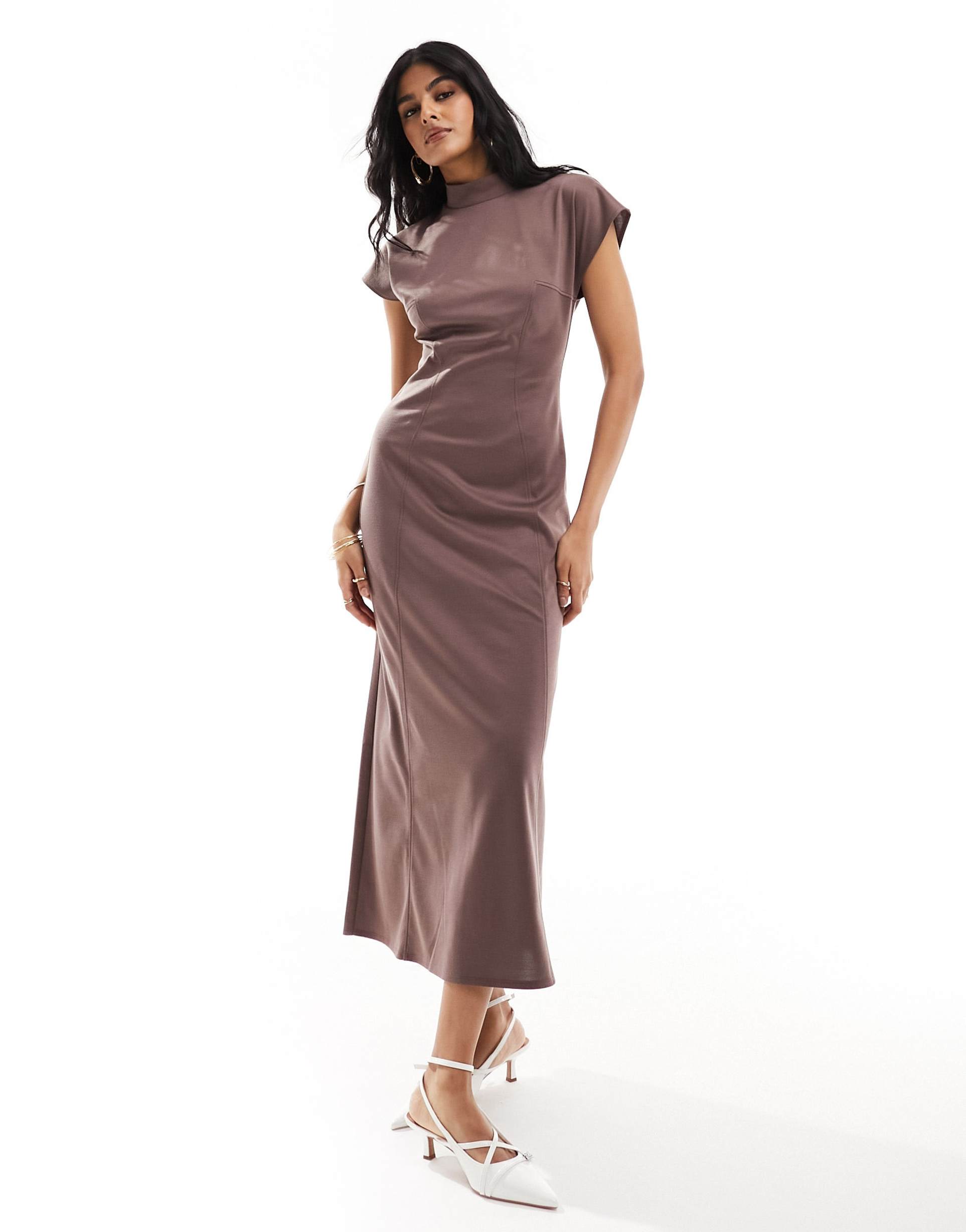 asos design high neck midi dress with capped sleeve & seam detail in taupe