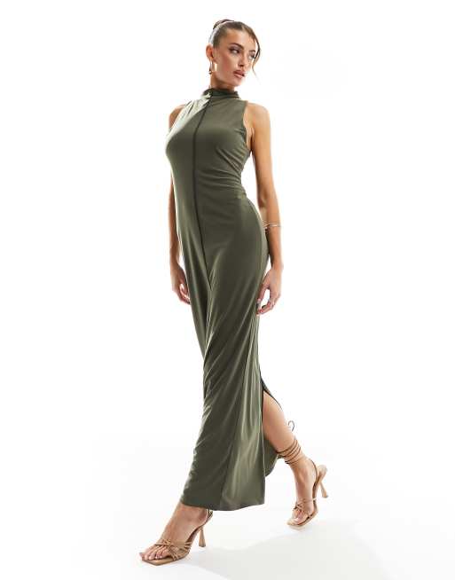 ASOS DESIGN high neck midi dress with contrast seams in khaki