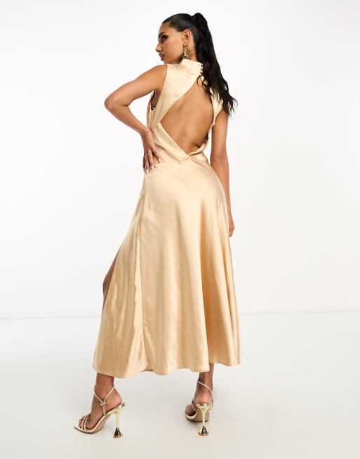 ASOS DESIGN high neck midi dress with drape detail in gold