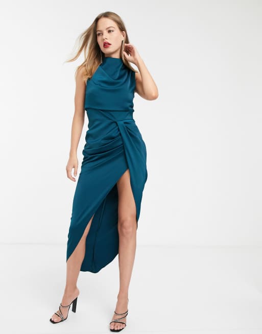 ASOS DESIGN high neck midi dress with drape waist detail in satin | ASOS