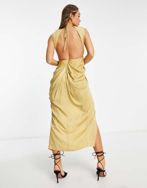 ASOS DESIGN high neck midi dress with drape waist detail in textured fabric