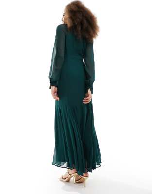 ASOS DESIGN high neck midi dress with flare hem in forest green | ASOS