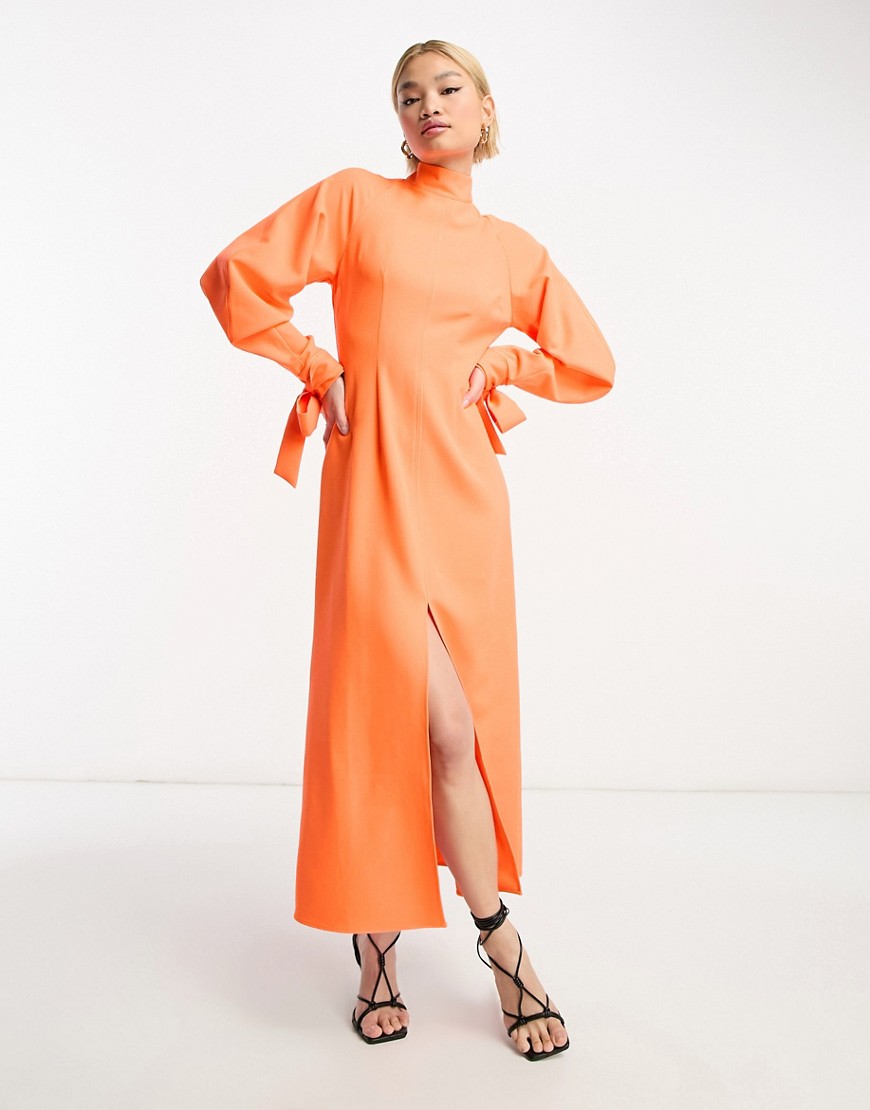 Asos Design High Neck Midi Dress With Slit Front And Tie Sleeves In Neon Orange