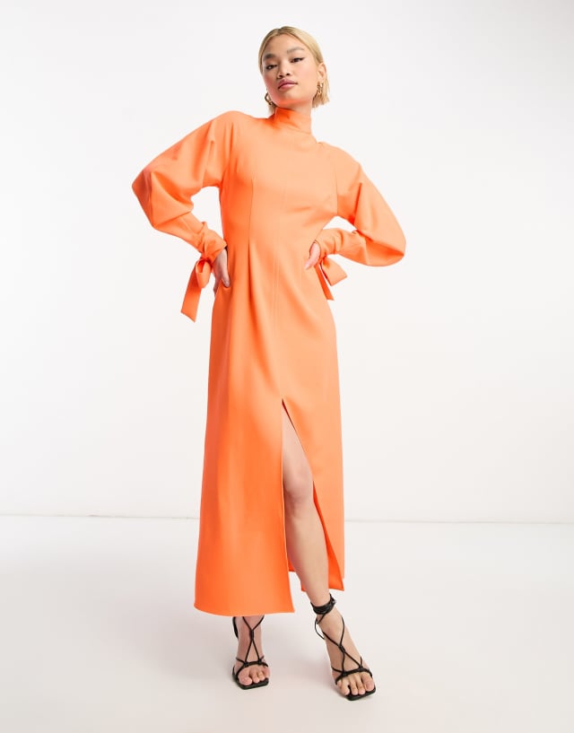 ASOS DESIGN high neck midi dress with slit front and tie sleeves in neon orange