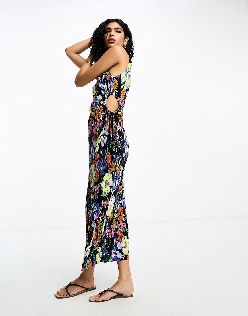 ASOS DESIGN high neck midi plisse dress with cut out side and toggle detail in black floral print-Multi