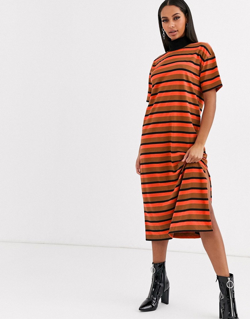 ASOS DESIGN high neck midi t-shirt dress in orange and brown stripe-Multi