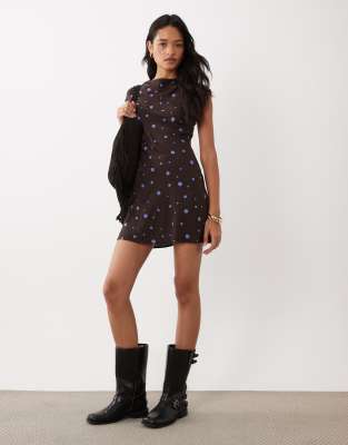 Asos Design High Neck Mini Dress In Brown