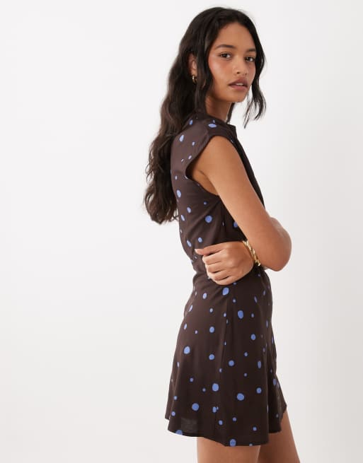 ASOS DESIGN high neck mini dress in chocolate & blue dot, 3 of 4